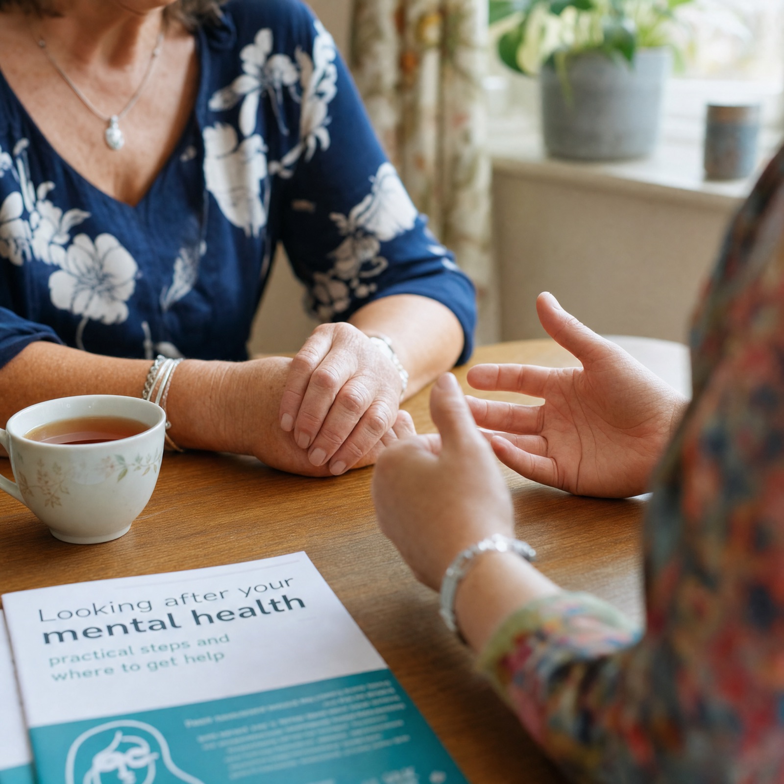 Woman's hands with tea mug and carer information leaflet
