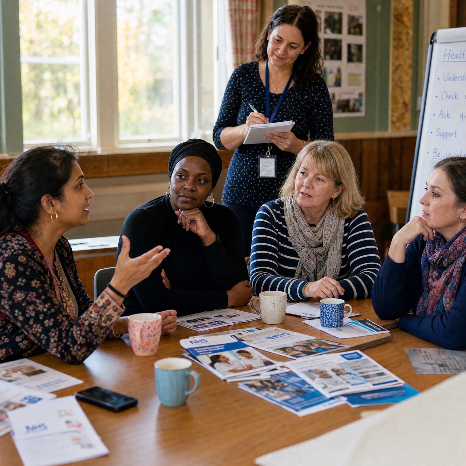 A carer and support worker in conversation at a community centre in Hawick
